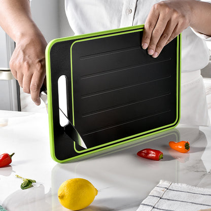 Defrosting Cutting Board  with Knife Sharpener in use